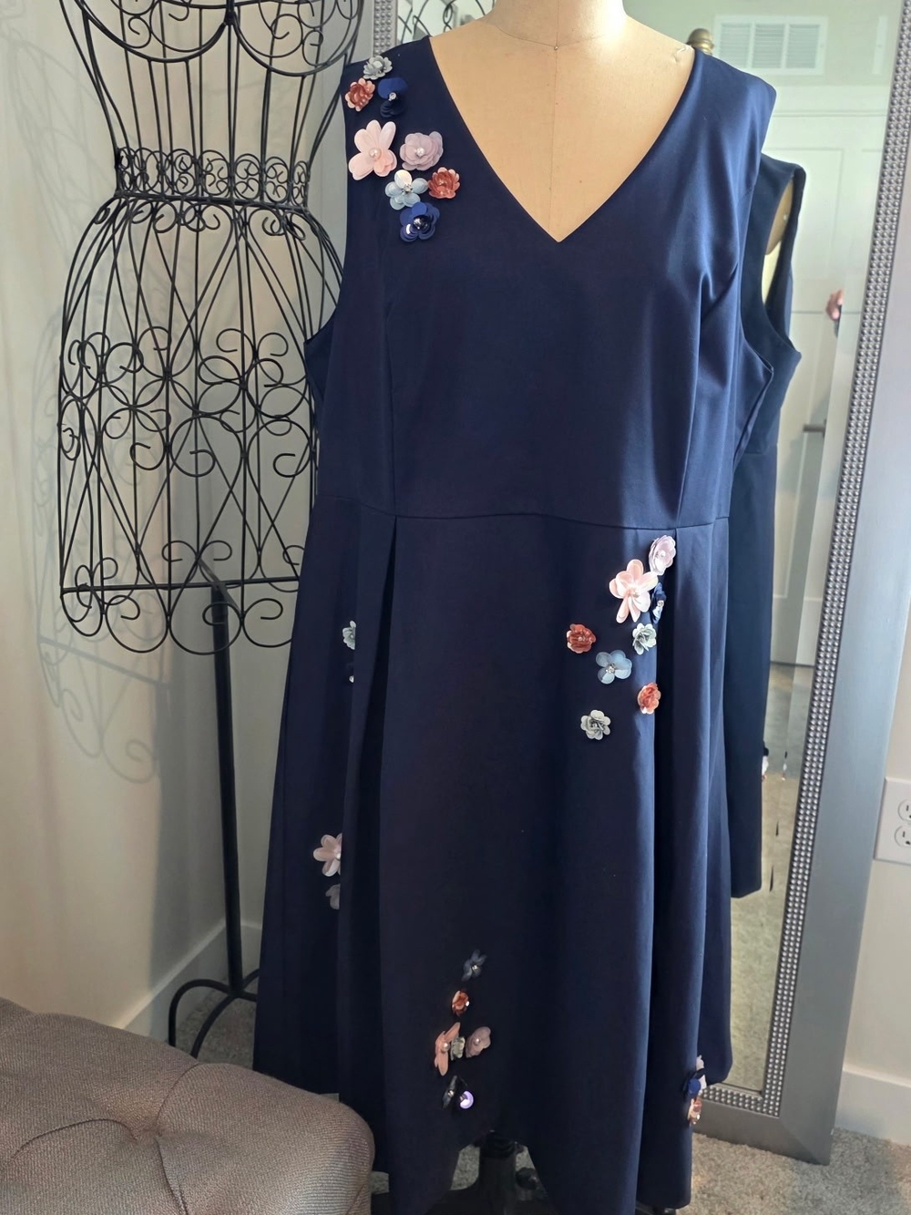Draper James Navy V‑Neck Midi Dress with Pink, Blue and Copper Floral Appliqués